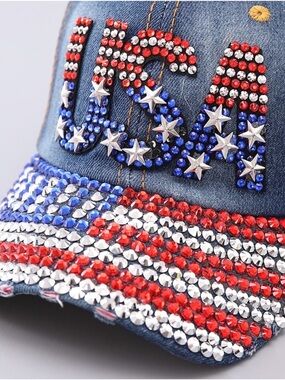Embellished USA Flag Denim Baseball Cap - Red, White & Blue